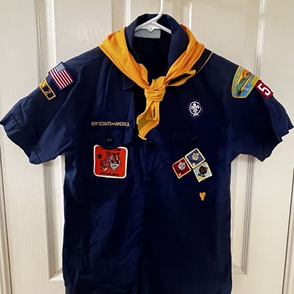 Boy Scouts of America Button Up Blue Uniform Top Patches Neckerchief Boys Size L - Picture 2 of 14